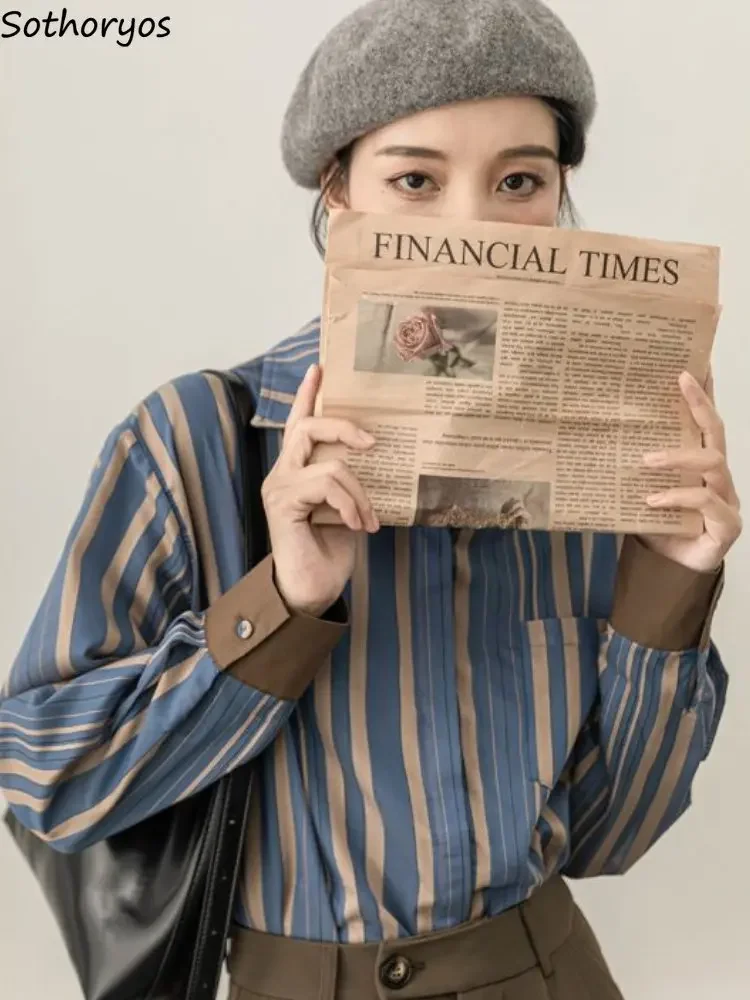 

Shirts Women Daily Fashion Korean Style Loose Casual Autumn Striped Comfortable Colorful Designed Covered Button Cool All-match