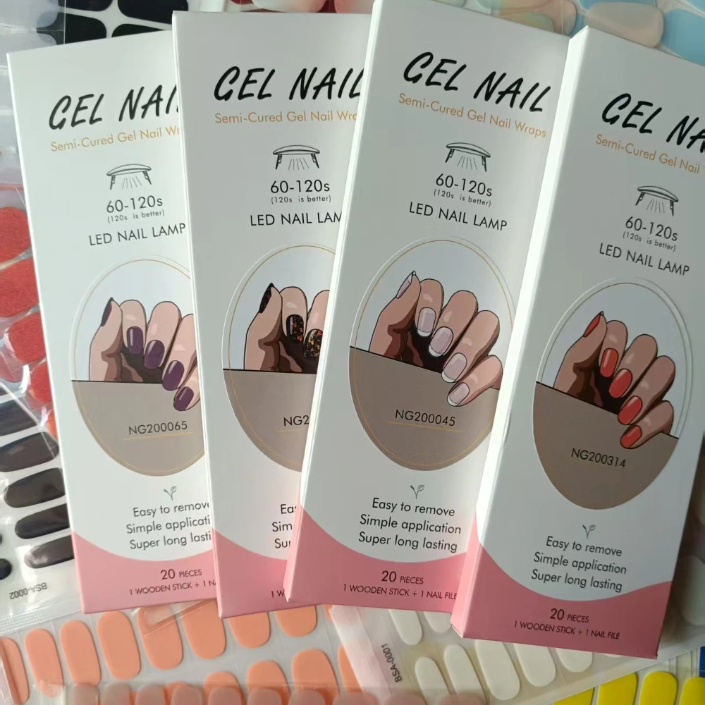 20Tips Pink Macaron UV Semi Cured Gel Nail Strips Full Set of Stickers White Black Bare Pressed Nail DIY Long Lasting Wraps