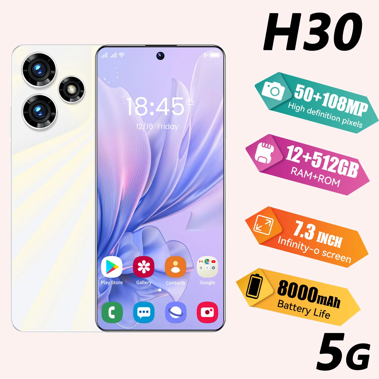 Smartphone Sbloccato Android H30 5G 7.3 Pollici 12Gb + 512Gb 8000Mah 50Mp + 108Mp Telefono Originale