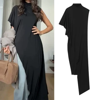 Women's Top 2026 New Fashion Spring Summer Black Pleated Asymmetrical Top for Women Stylish Chic Personality Female Top 1
