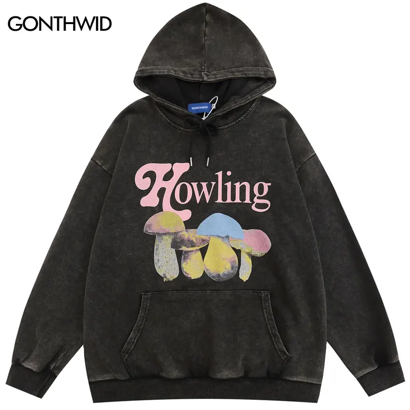 

Vintage Hoodie Streetwear Hip Hop Retro Mushroom Letter Graphic Print Washed Hooded Sweatshirt 2023 Fashion Harajuku Pullover
