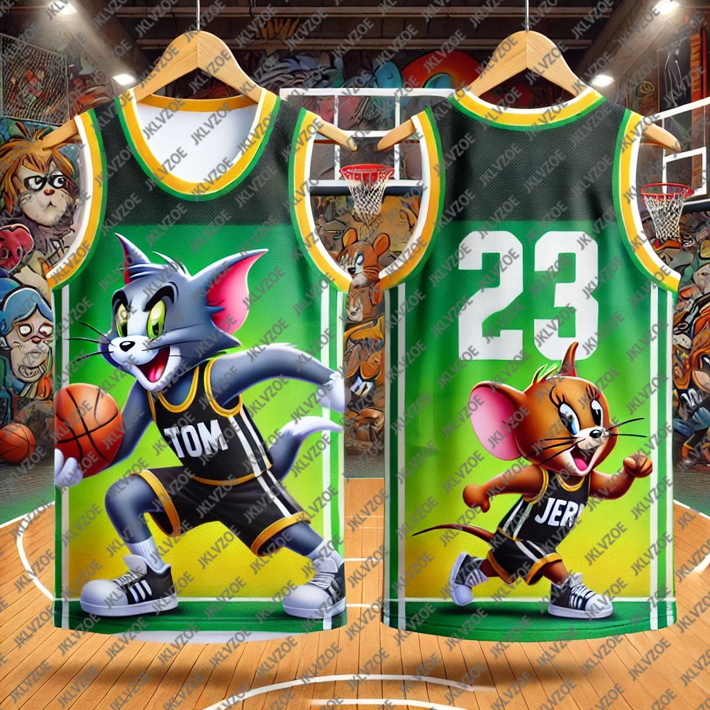 Men's And Women's Basketball Vests American Classic Anime Sports Quick Drying Vest Cat And Mouse Printed Round Neck T-Shirt children vest sportswear tshirt