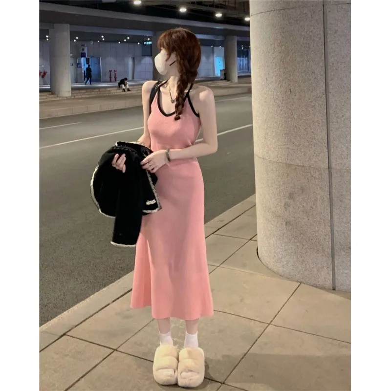

2023 Summer Sexy Colorblock Spaghetti Strap Knitted Dress Backless Midi Bodycon Party Club Sleeveless Dress for Women Vestidos