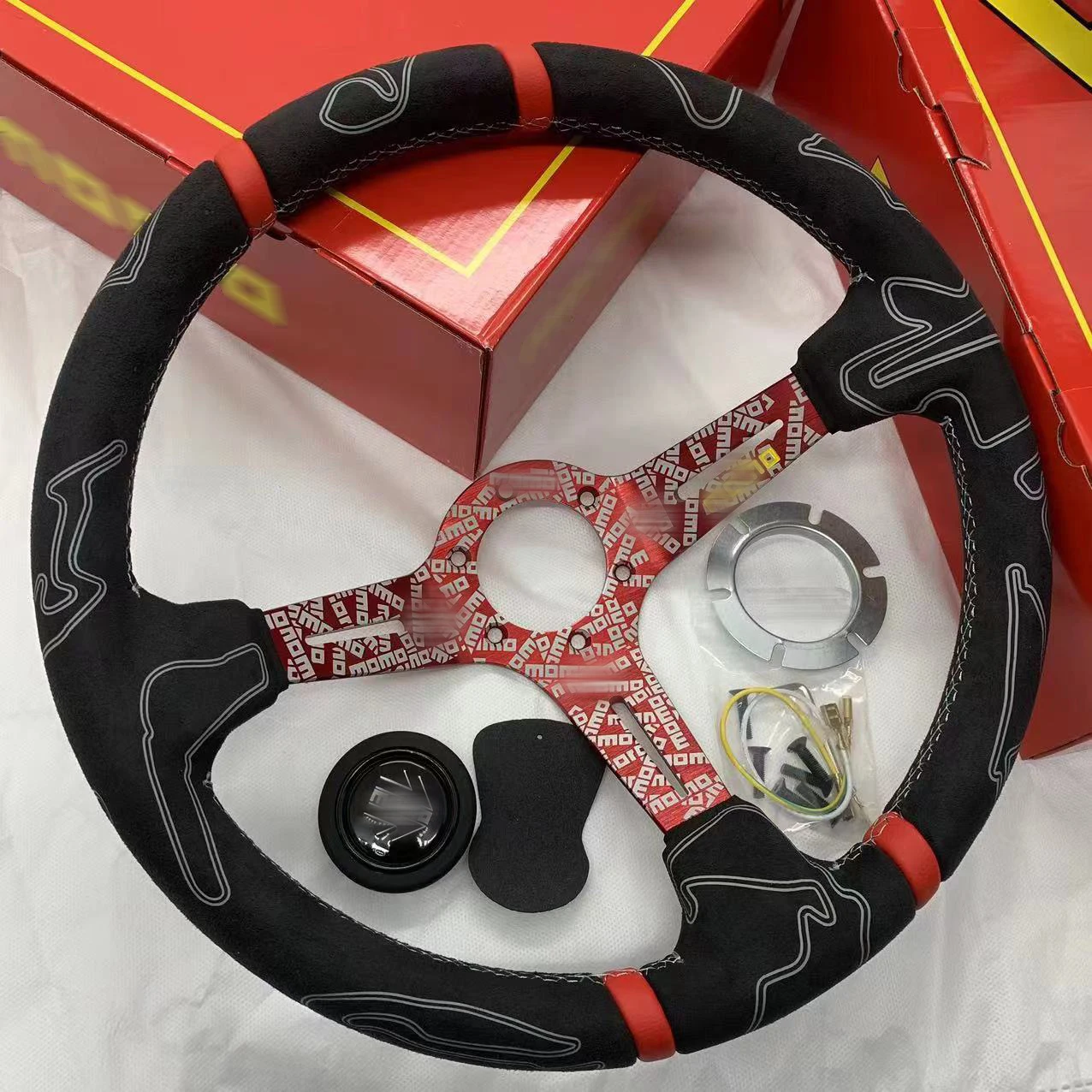 

Suede Leather Universal's newly customized leather JDM momo steering wheel red connector racing modified High perform