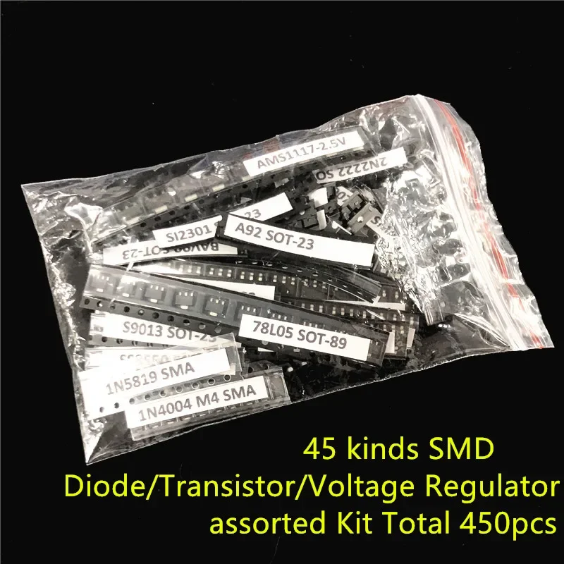 SMD Diode Transistor Voltage Regulator 45 kinds Total 450pcs mix Electronic component assorted Kit
