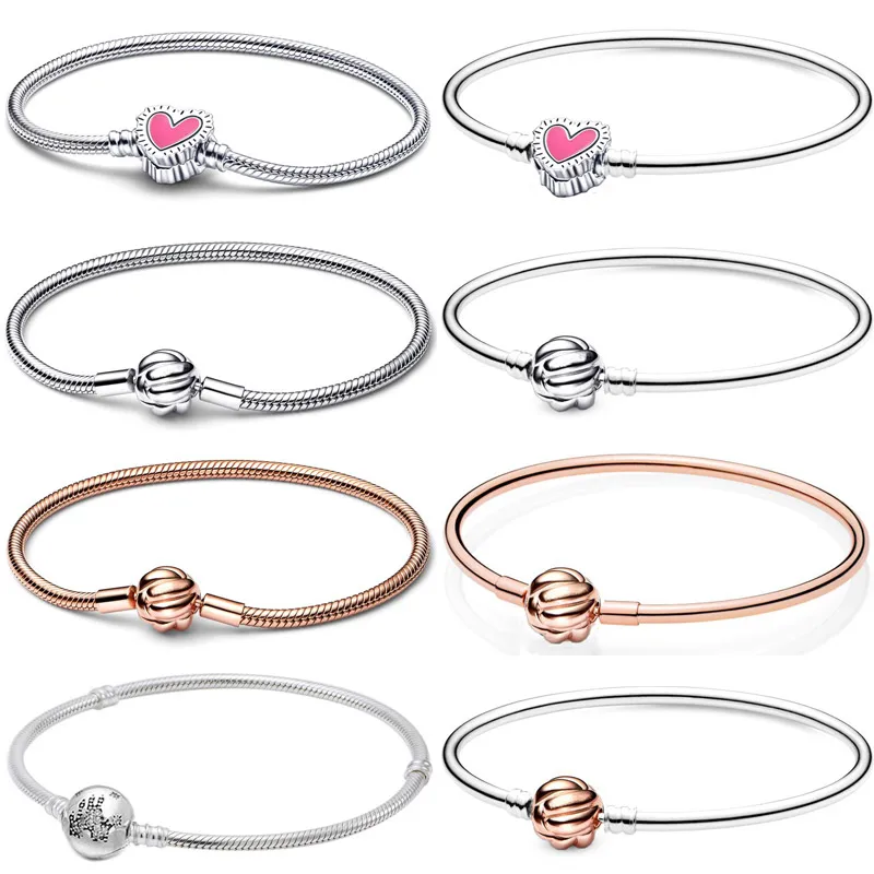 

Radiant Heart Love Knot Braided Castle Clasp Snake Chain Bracelet Bangle Fit Fashion 925 Sterling Silver Bead Charm DIY Jewelry
