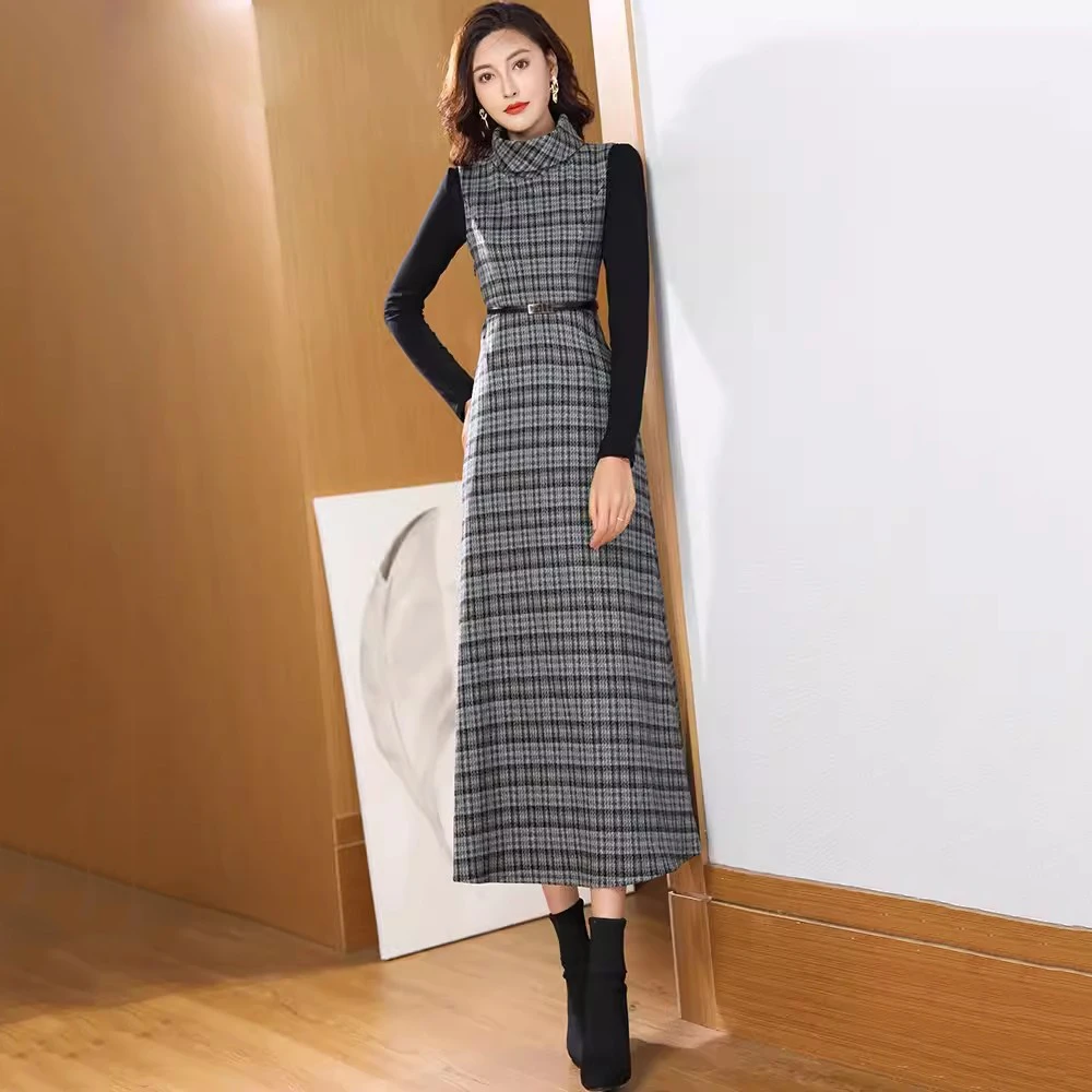 

New Women Autumn Winter Gray Plaid Woolen Sundress Fashion Turtleneck Sleeveless Slim Dress Vintage Wool Blends Long Dress
