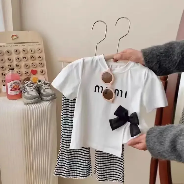 تي شيرت قطني بأكمام قصيرة للفتيات ، مع قوس ، فتحة...