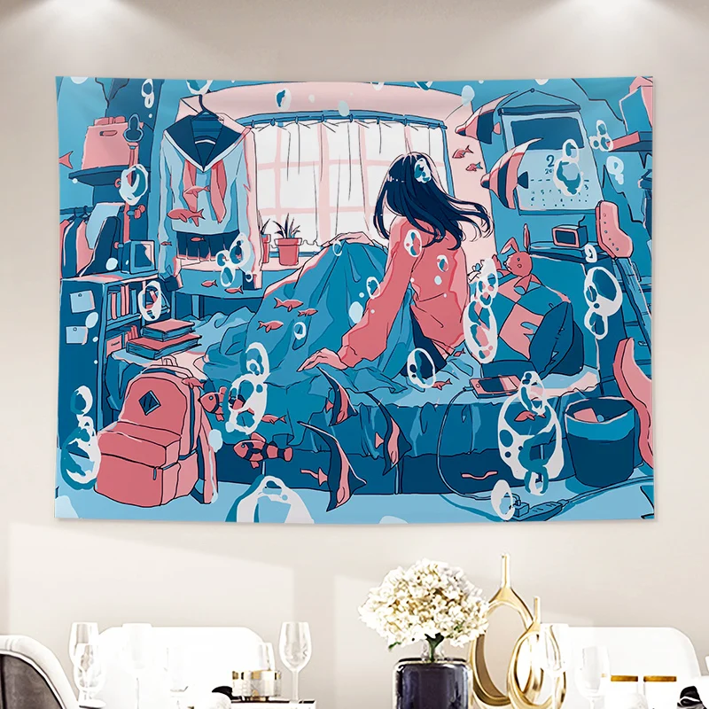 Japanese Hand-painted Illustration Printed Tapestry Cartoon Anime Whale City Landscape Tapestry Wall Hanging Kawaii Room Decor tapestry decor anime wall decor