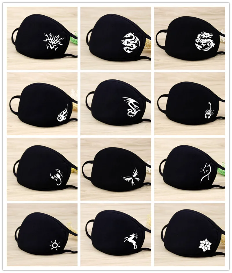 Black Cotton Dust Mask 1PC Washable Cartoon Expression Teeth Muffle Face Respirator Anti Kpop Bear Mouth Mask Reusable Face mask face mask cotton face mask