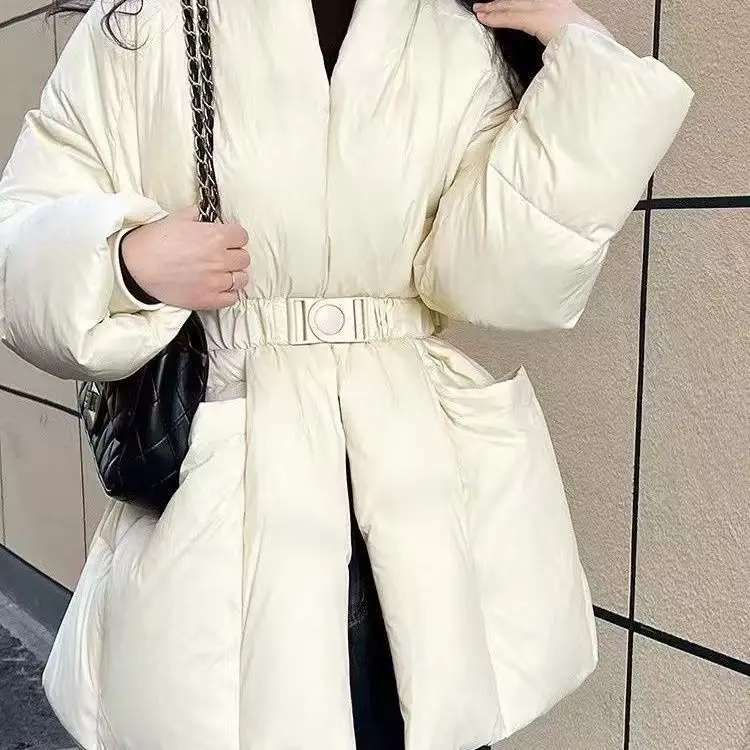 Women Winter V Neck Down Cotton Jacket 2025 New Women Warm Thicken Cotton Coat Korean Belt Waist Winter Outwear Women Parka Coat
