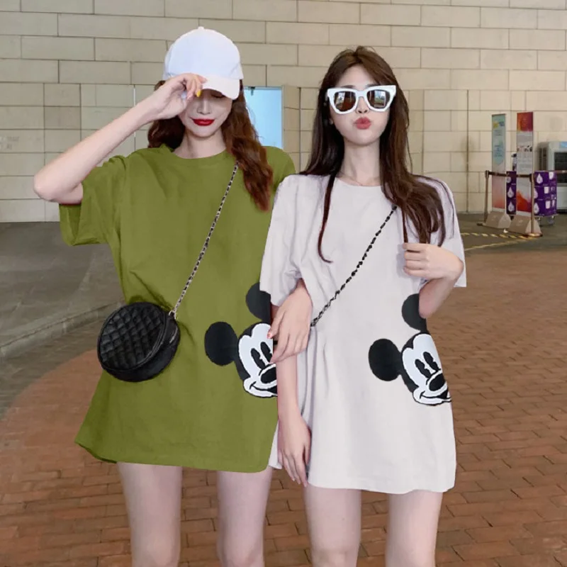 

Large Size T-shirt Women's Short-Sleeved Girl Summer Solid Color Mid-Length Loose Wild Mickey Mouse Top