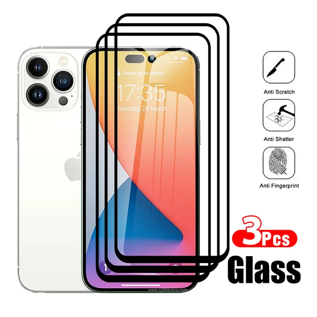 Protecteur d'écran, 3 pièces, Film en verre trempé, bord noir, pour Apple  Iphone 14 Plus 14 Pro Max - AliExpress