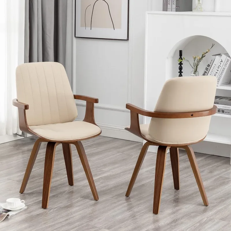 Dining Chairs Set of 2 Mid Century Modern Dining Room Chairs Upholstered Faux Leather Kitchen Chairs with Wooden Arms and Legs