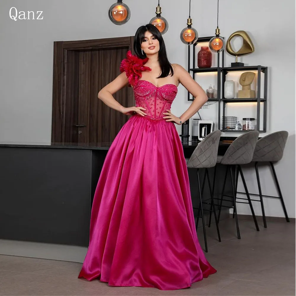 

Qanz Fuchsia Saudi Evening Dresses Glitter Beadings Floor Length Prom Celebrity Dresses One Shoulder Satin A Line Abendkleider
