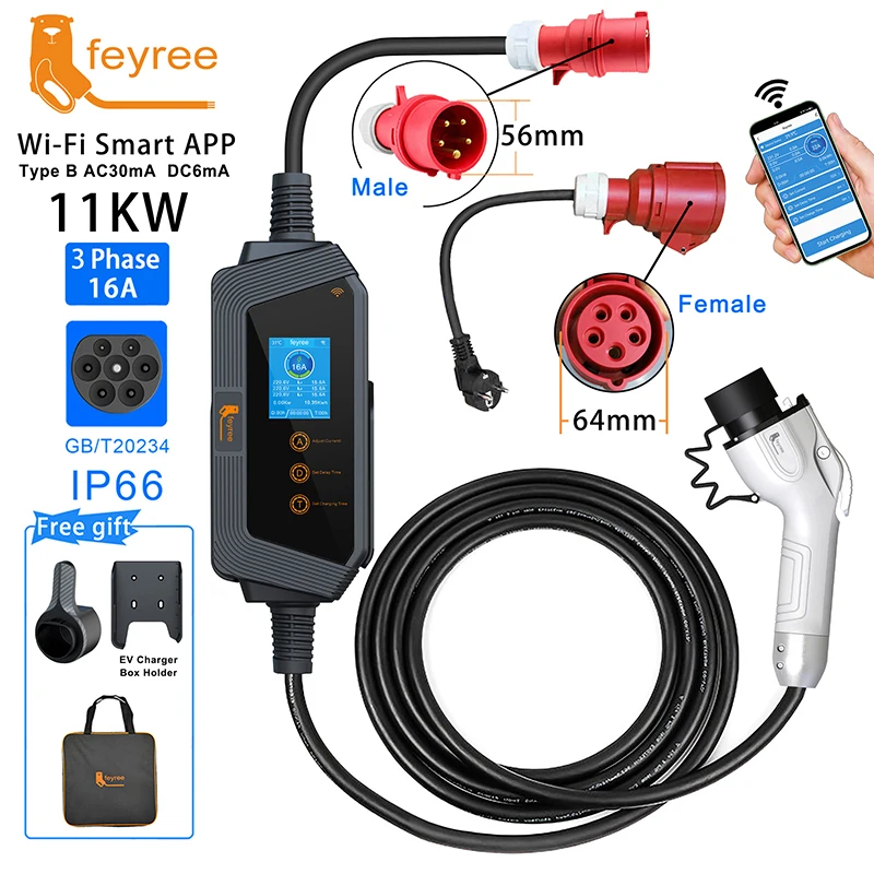 

feyree GBT Cord EV Portable Charger APP WIFI Control 11KW 16A 3Phase EVSE Charging Box 5m Cable CEE Plugfor Electric Vehicle Car