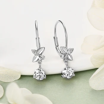 2024 Trend Real 925 Silver 5mm Round Moissanite Drop Clip Earrings for Women Four-leaf Clover Valentine Wedding Jewelry Gift 3