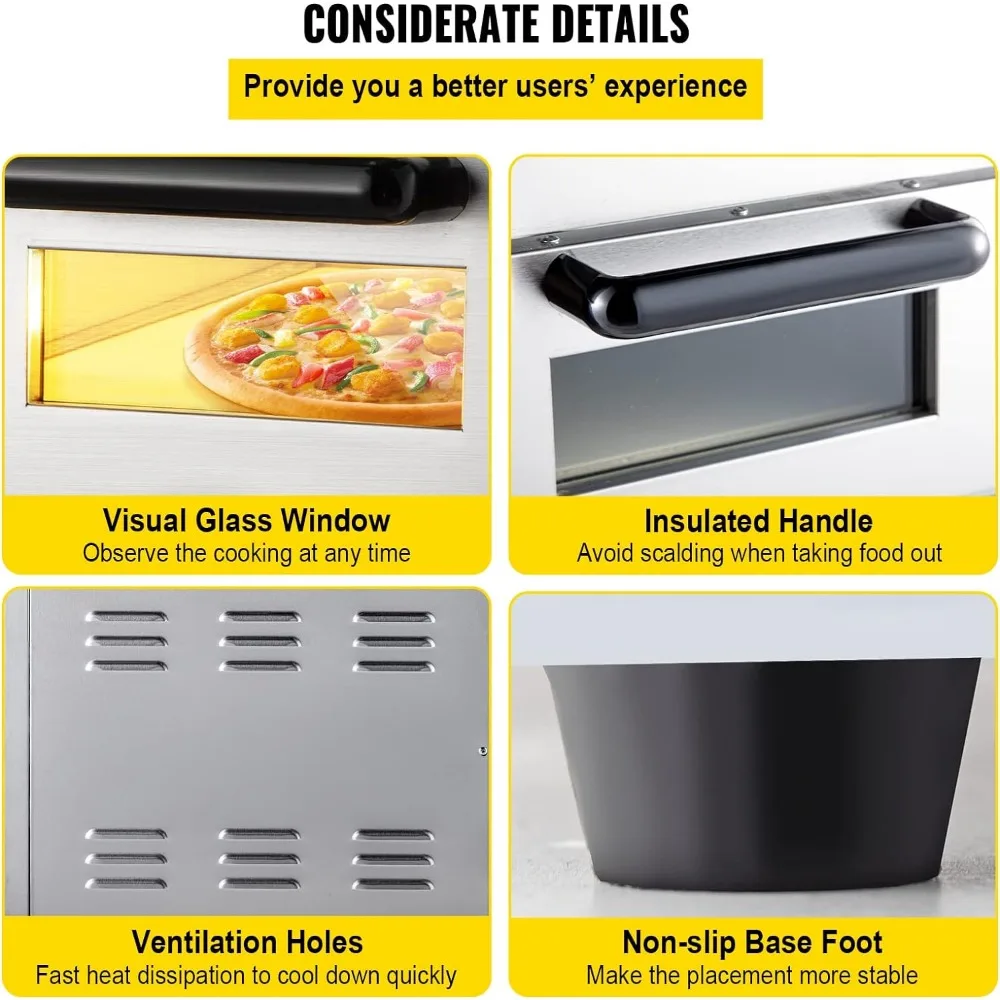 Commercial Pizza Oven Countertop, 14" Double Deck Layer, 110V 1950W Stainless Steel Electric Pizza Oven with Stone and Shelf