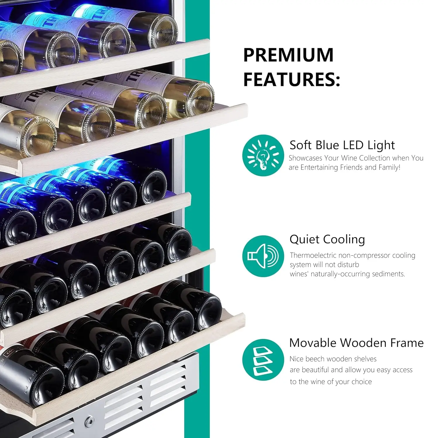 inch Wine Cooler, 46 Bottle-Dual Zone Built-in or Freestanding Fridge with Stainless Steel Reversible Glass Door,