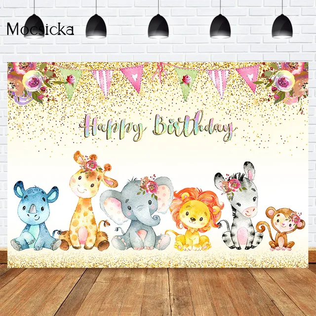 Mocsicka CUSTOM Rainforest Animals Wild One Backdrops Children Happy Birthday Party Photography Background Cake Table Banner 36