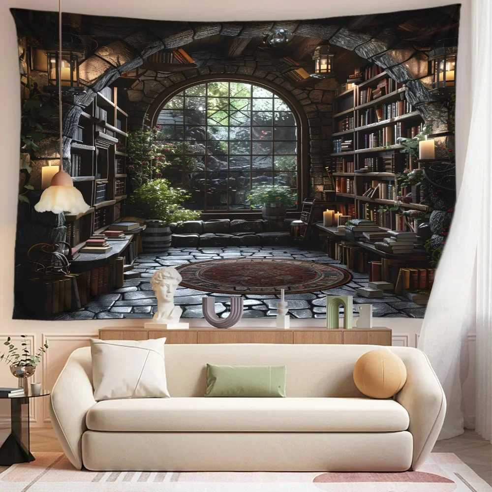 Vintage Library Tapestry Mural Old Books Bookshelf Attic Candles Gothic Home Decor Dormitory Living Room Bedroom Wall Hanging