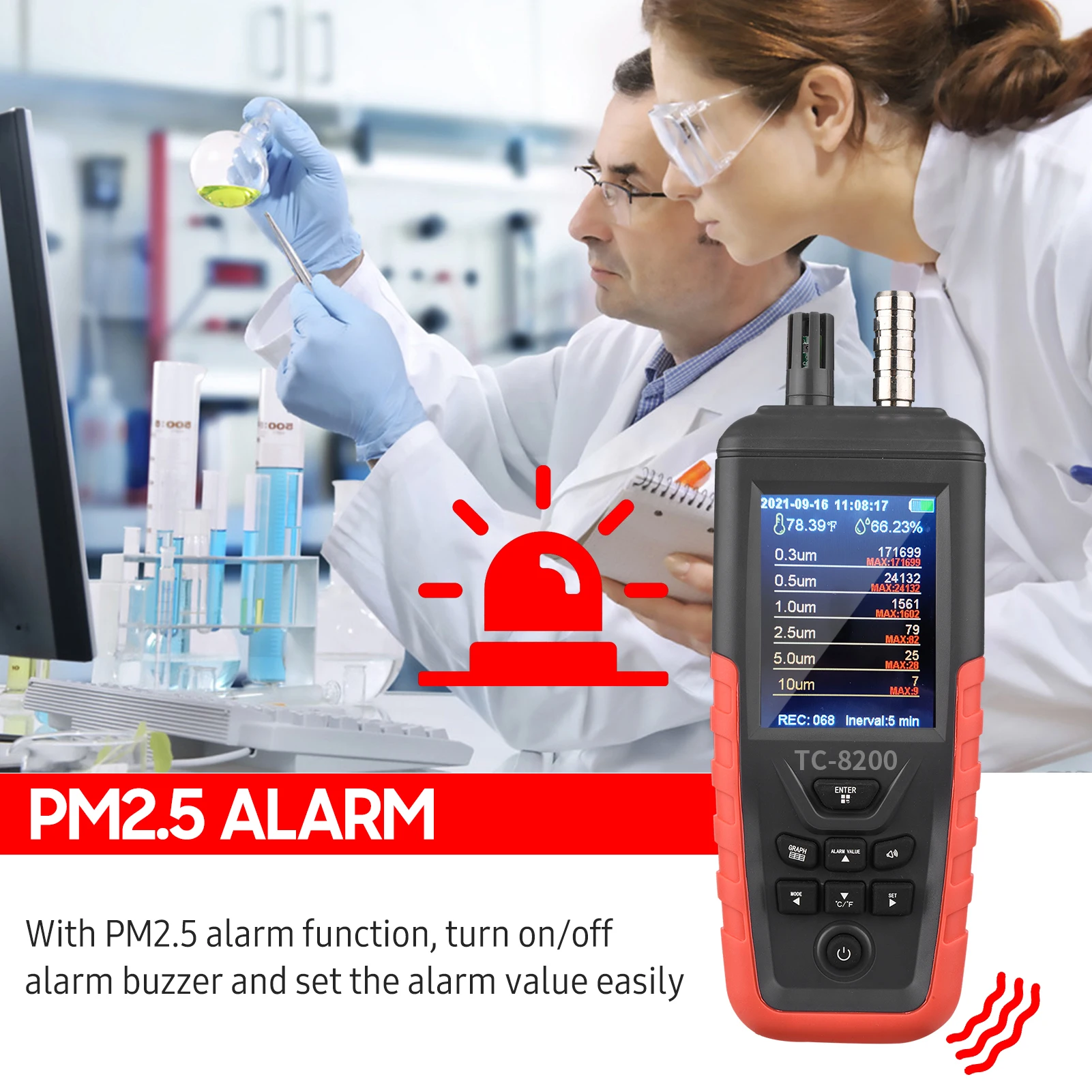 백라이트 TFT 공기질 검사기가 있는 먼지 입자 카운터, 6 채널, 0.3um, 0.5 μm, 1.0 μm, 2.5 μm, 5.0 μm, 10um PM2.5 PM10 감지기