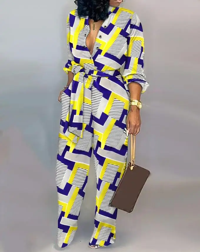 

Women's Fashion jumpsuit 2024 Summer New Casual Geometry Print Button Front Strap jumpsuit