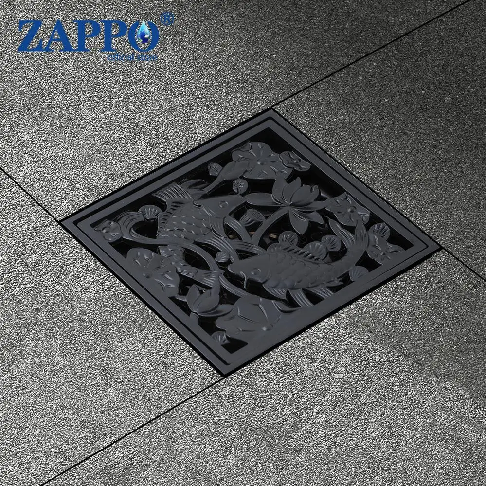 

ZAPPO Brass Black 10X10cm Square Bathroom Shower Floor Drain Household Sewer Pipe Invisible Water Filter Deodorant Floor Cover