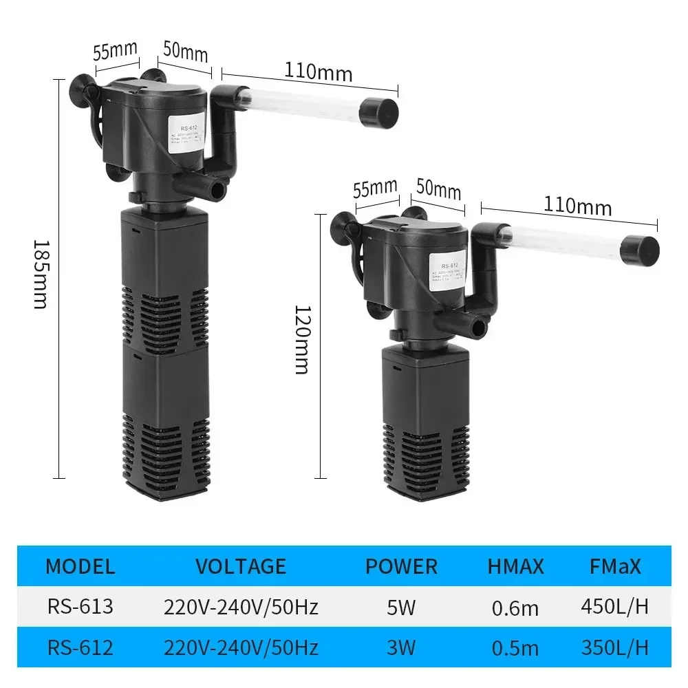 3 in 1 Oxygen Filter Aquarium Silent Aeration Pump for Fish Tank Filter Oxygen Submersible Water Purifier
