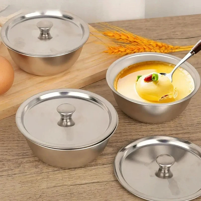 Stainless Steel Steamed Egg Bowl Ramen Rice Fruit Salad Stew Bowls with Lids Soup Cup Food Container Kitchen Tableware Supplies