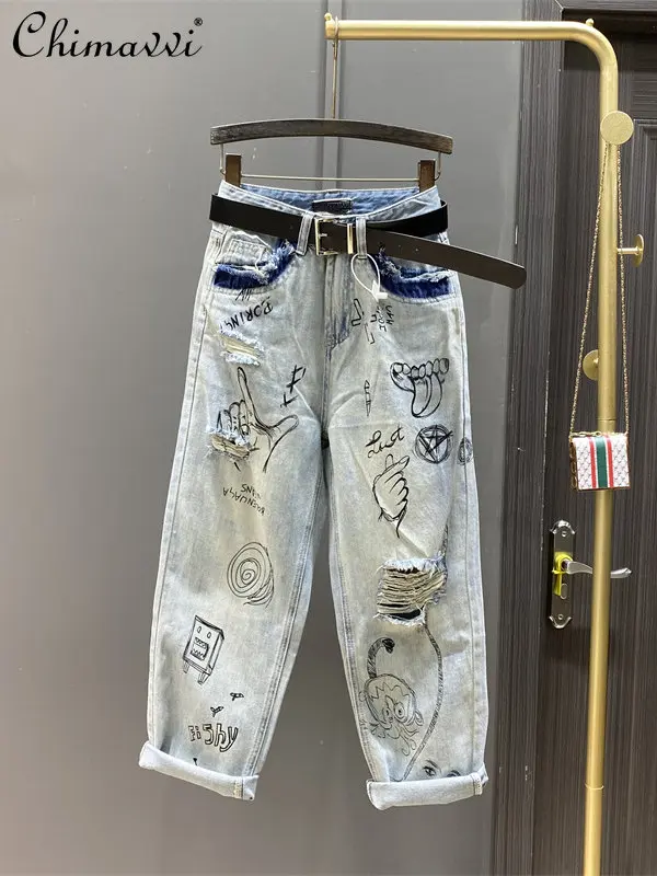 Light Blue Hand Painted Graffiti Special High Waist Harem Jeans Women Summer Fashion Holes Loose Wide Leg Daddy Pants Trousers men s and women s jeans high street national tide hip hop music smiley hole hand painted graffiti print denim trousers