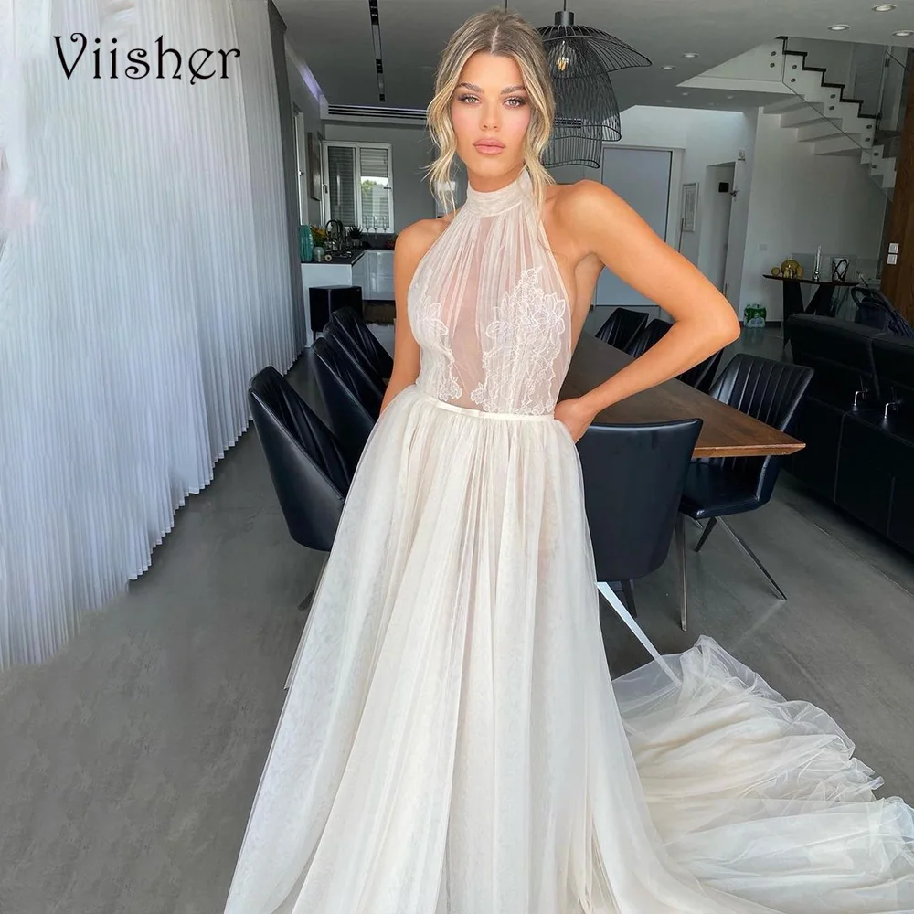 

Viisher Chanpagne Halter A Line Wedding Dresses Lace Appliques Soft Tulle Long Bride Dress Sleeveless Beach Wedding Bridal Gowns