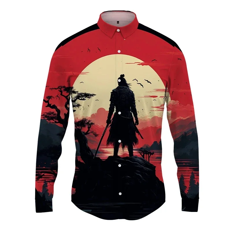 thumbnail image 1 of Camisa de solapa con estampado 3D de samurái japonés para hombre y mujer, camisas casuales de moda de manga larga, blusas con botones, ropa unisex de gran tamaño, 1 of 5