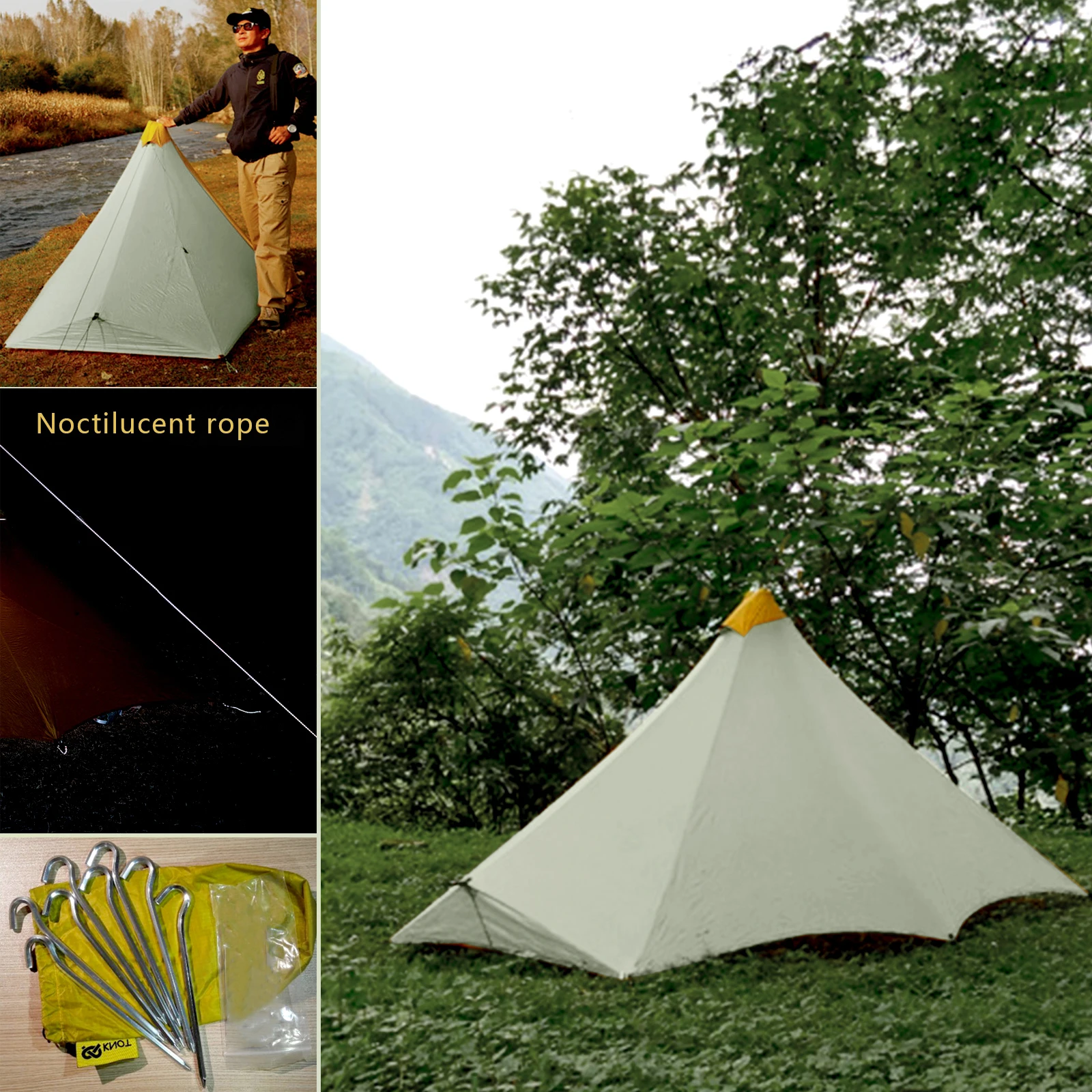 Ultralight 410g Outdoor Camping Tent 20D Nylon Two-side Silicone Coated Rodless Pyramid Flysheet 4-Season 2 Window Tent 1 Person