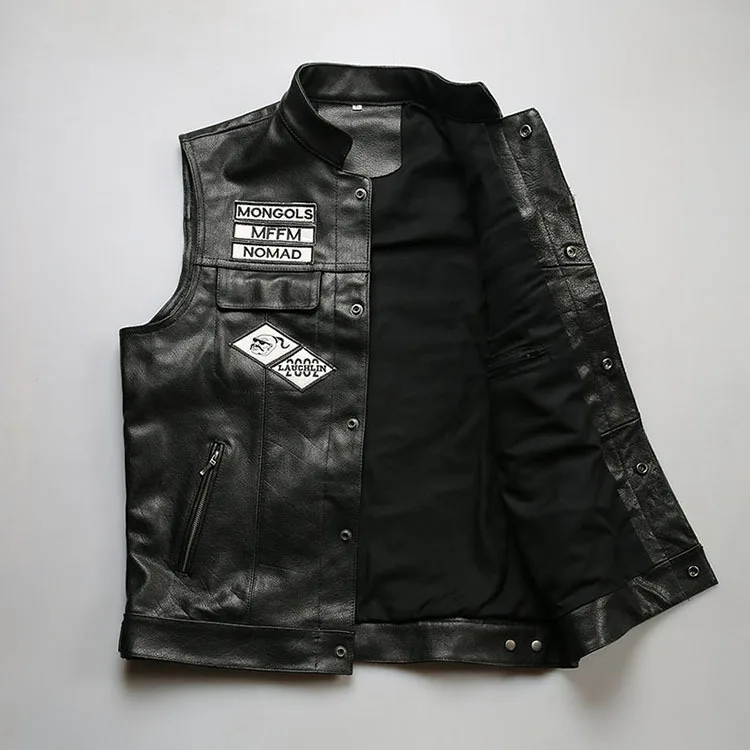 Mens Motorcycle MONGOLS Real Leather Vest Biker Waistcoat Black