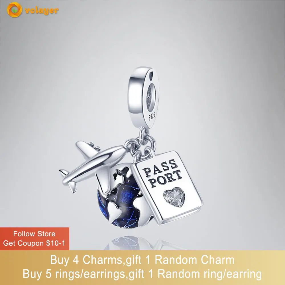

Volayer 925 Sterling Silver Beads Airplane Passport Earth Charm fit Original Pandora Bracelets for Women Jewelry Making Gift