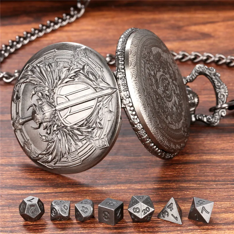 Steampunk Paladin Taschenuhrengehäuse, Fob-Kette, 7-teiliges polyedrisches Würfelset aus Metall für Unterhaltung, Rollenspiele, Gaming-Würfel, Geschenk – Detail 7