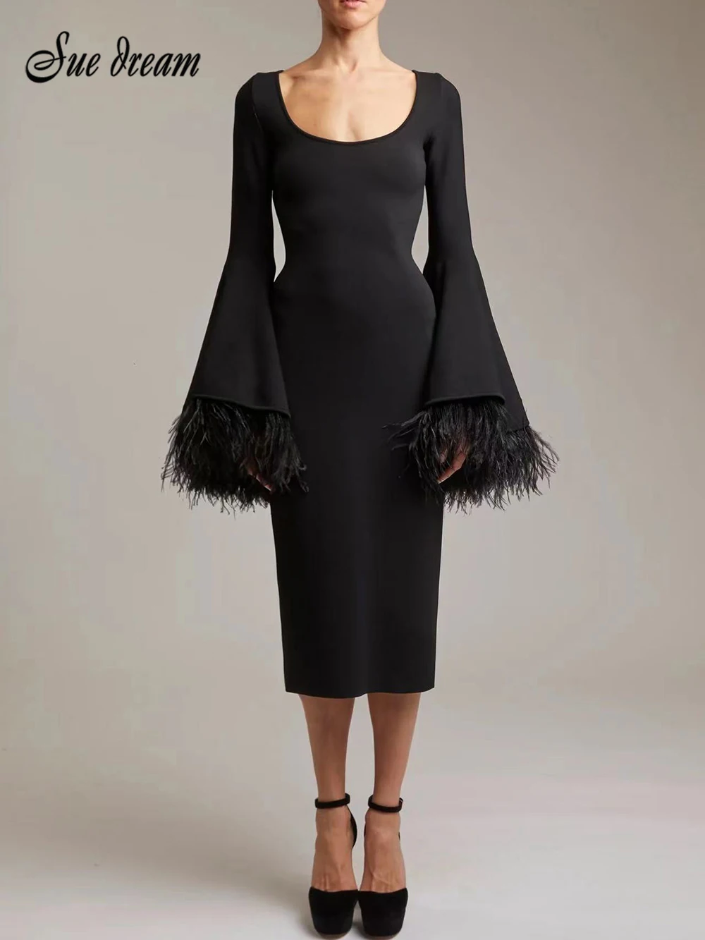 

Sexy O-neck Flare Sleeve Bodycon Bandage Dress 2023 New Summer Women's Fashion Celebrity Club Party Midi Dress Vestidos