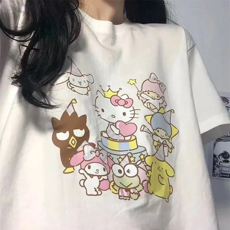 

Kawaii Sanrio, аниме Hello Kitty, футболка с коротким рукавом, летние свободные топы для студенток Y2K, модные Универсальные топы для девушек