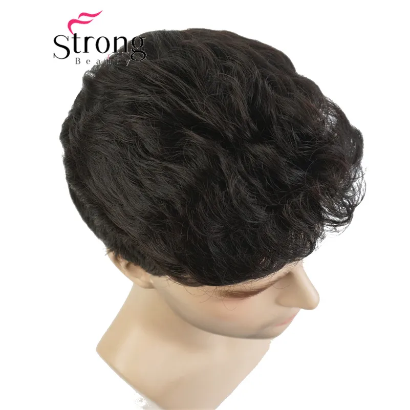 남성용 StrongBeauty 블랙 브라운 가발 남성용 짧은 자연 웨이브 합성 머리 가발