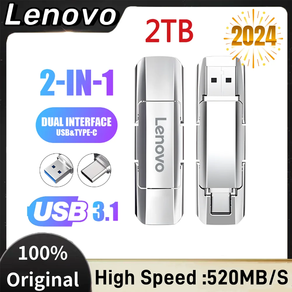 Lenovo Usb 3.1 Type-C 2Tb Usb Flash Drive Pen Drive 1Tb 2 In 1 512Gb 256Gb Usb Memory Stick 128Gb Usb Flash Disk Type-C Pendrive
