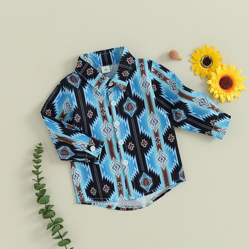FOCUSNORM 0-4Y Toddler Boys Western Shirts Tops Long Sleeve Lapel Cow Pattern Print Autumn Single Breasted Outwear