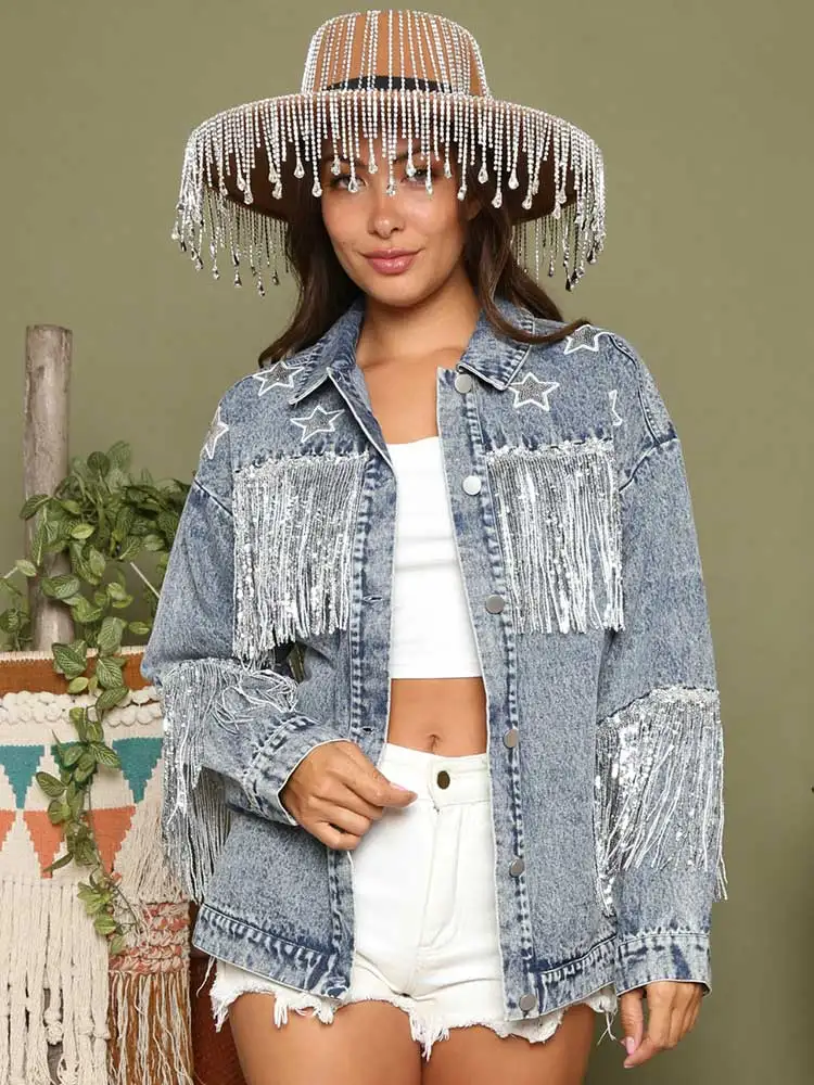 

Women's Boyfriend Denim Jacket Long Sleeve Oversized Fringe Jean Jackets Coats Fringe Detail Sequin Star Glitter Sparkly Jacket