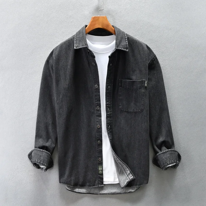 Z757 Japanese Style Casual Men's Denim Shirt Jacket Loose Fit Fall Sleeve-Length Cotton Crew Neck Shirt