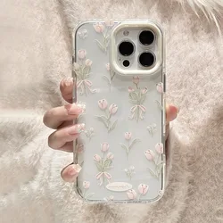 Korean Style Transparent Pink Tulip Full Screen Phone Cover Case - iPhone 12 Pro Max (Pink)