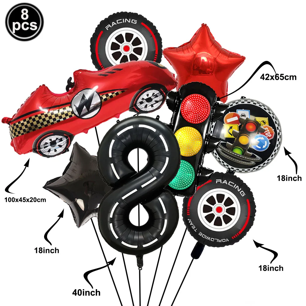 Race-Themed Birthday Party Decoration Set - Balloons, Traffic Cones, Checkered Flags, and Racing Wheel Foil Balloon