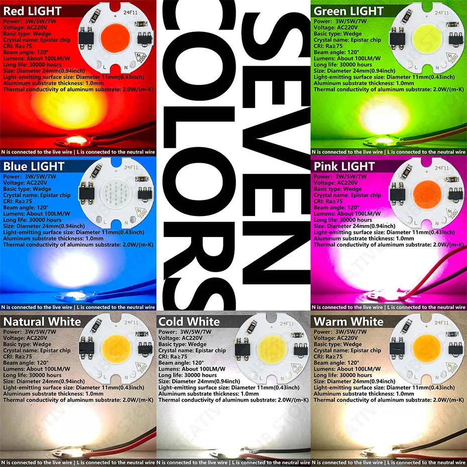 Description Picture 5 of item50pcs COB Chip LED Lamp Beads 3W 5W 7W AC 220V Input Smart IC for DIY LED Floodlight Spotlight Indoor Downlight RGBW Lighting