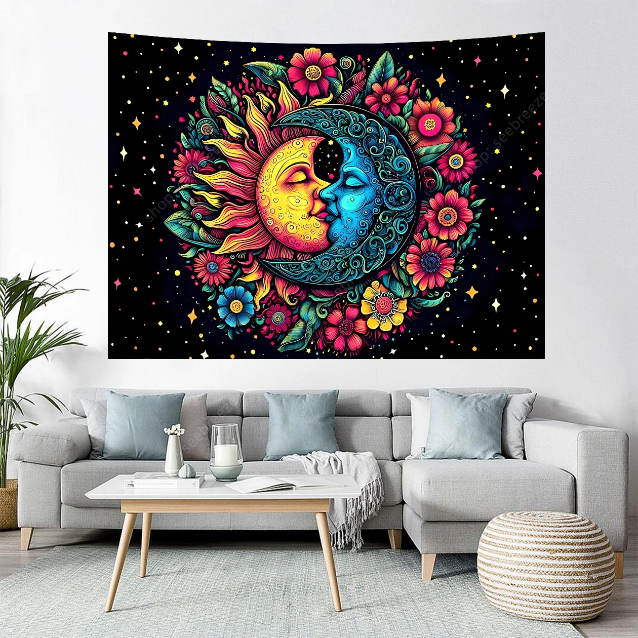 태양과 달 태피스트리 히피 Boho 꽃 벽 천으로 빈티지 미적 스타 배경 포스터 신비한 별이 빛나는 밤하늘 태피스트리