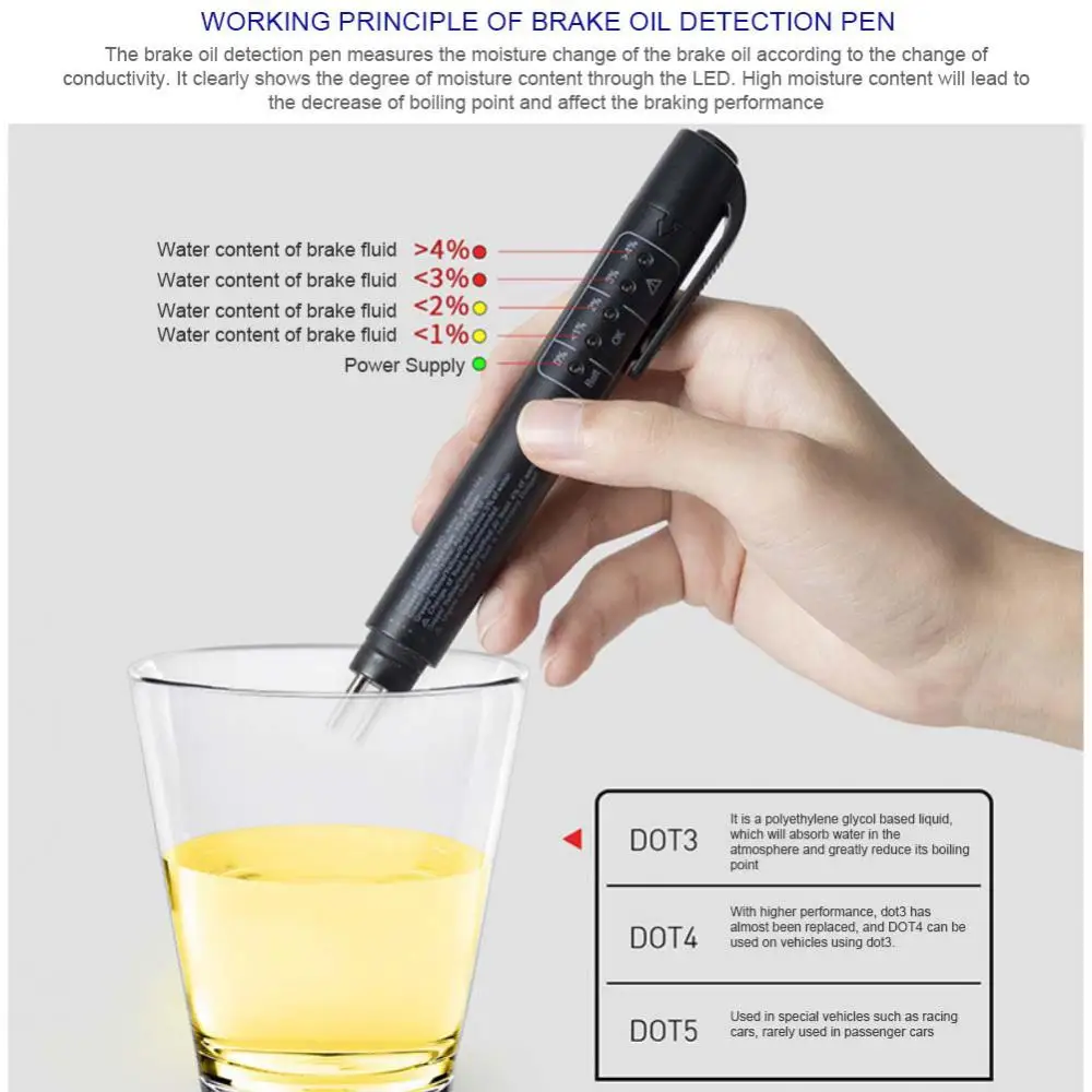 Brake Fluid Tester Pen 5 LED Indicator Display for DOT3/DOT4 brake fluid tester