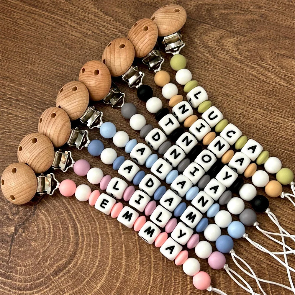 Personalized Name Pacifier Chain with Wooden Clips & Silicone Colorful Beads